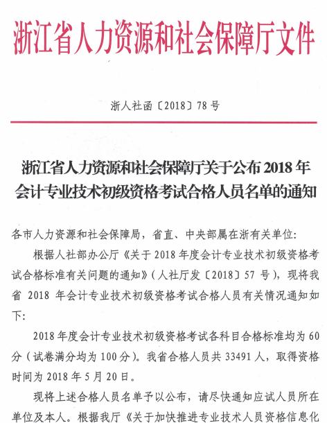 浙江2018年初級(jí)會(huì)計(jì)考試33491人成績(jī)合格