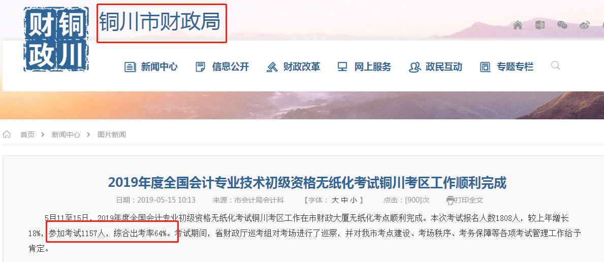 陜西省銅川市初級(jí)會(huì)計(jì)考試出考率64%