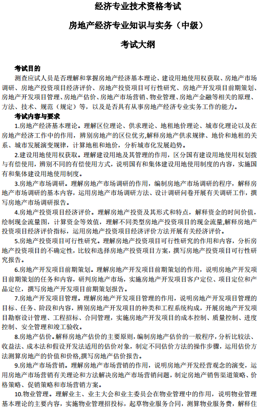 中級(jí)經(jīng)濟(jì)師房地產(chǎn)考試大綱—考試目的、考試內(nèi)容與要求