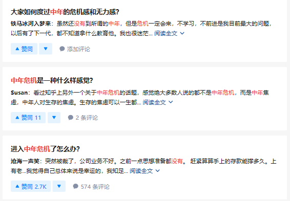 網(wǎng)上關于“中年危機”的熱門話題