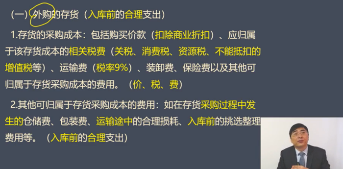 （一）外購(gòu)的存貨（入庫(kù)前的合理支出）
