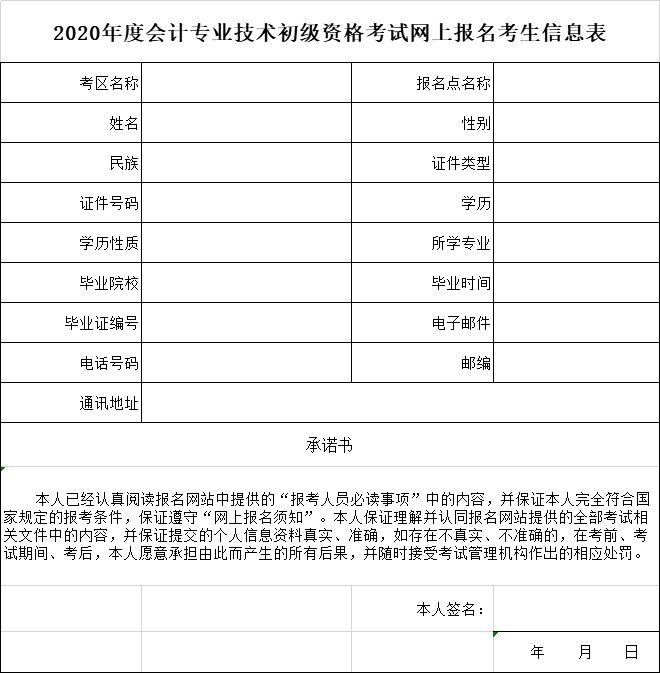 2020年度會計專業(yè)技術(shù)初級資格考試網(wǎng)上報名考生信息表