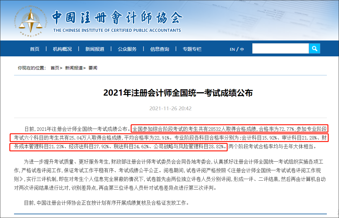 《2021年注冊(cè)會(huì)計(jì)師全國(guó)統(tǒng)一考試成績(jī)公布》公告原文