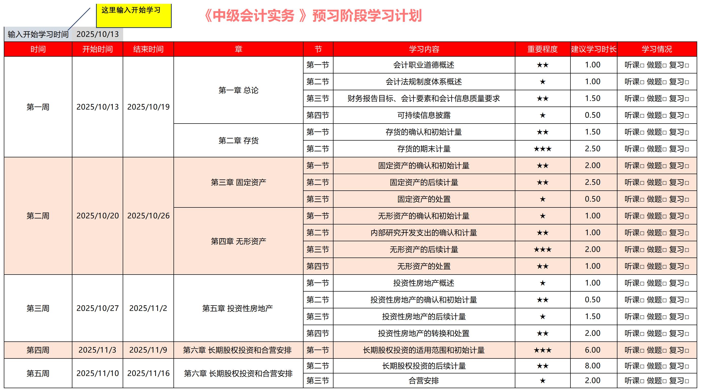 2026年《中級會計實務》預習階段學習計劃 