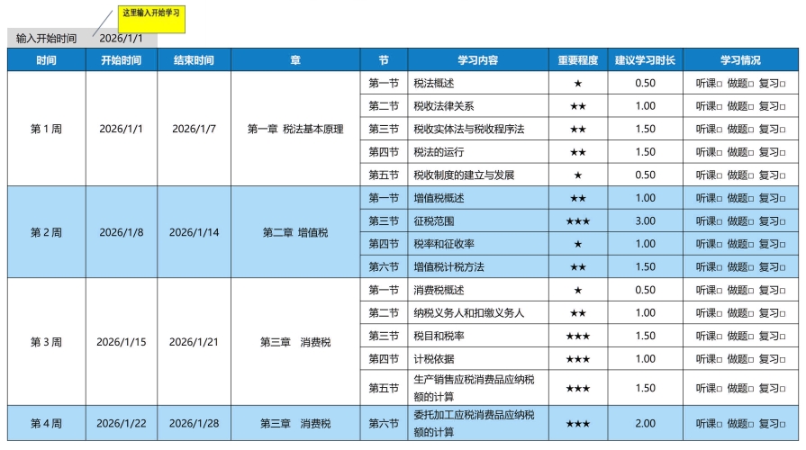 26年《稅法一》預(yù)習(xí)階段學(xué)習(xí)計(jì)劃